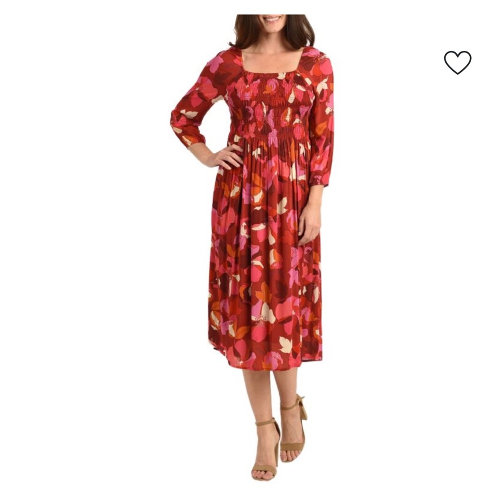 DR2 by Daniel Rainn Vibrant Red Floral Print Smocked Bohemian Midi Dress M - Picture 2 of 7